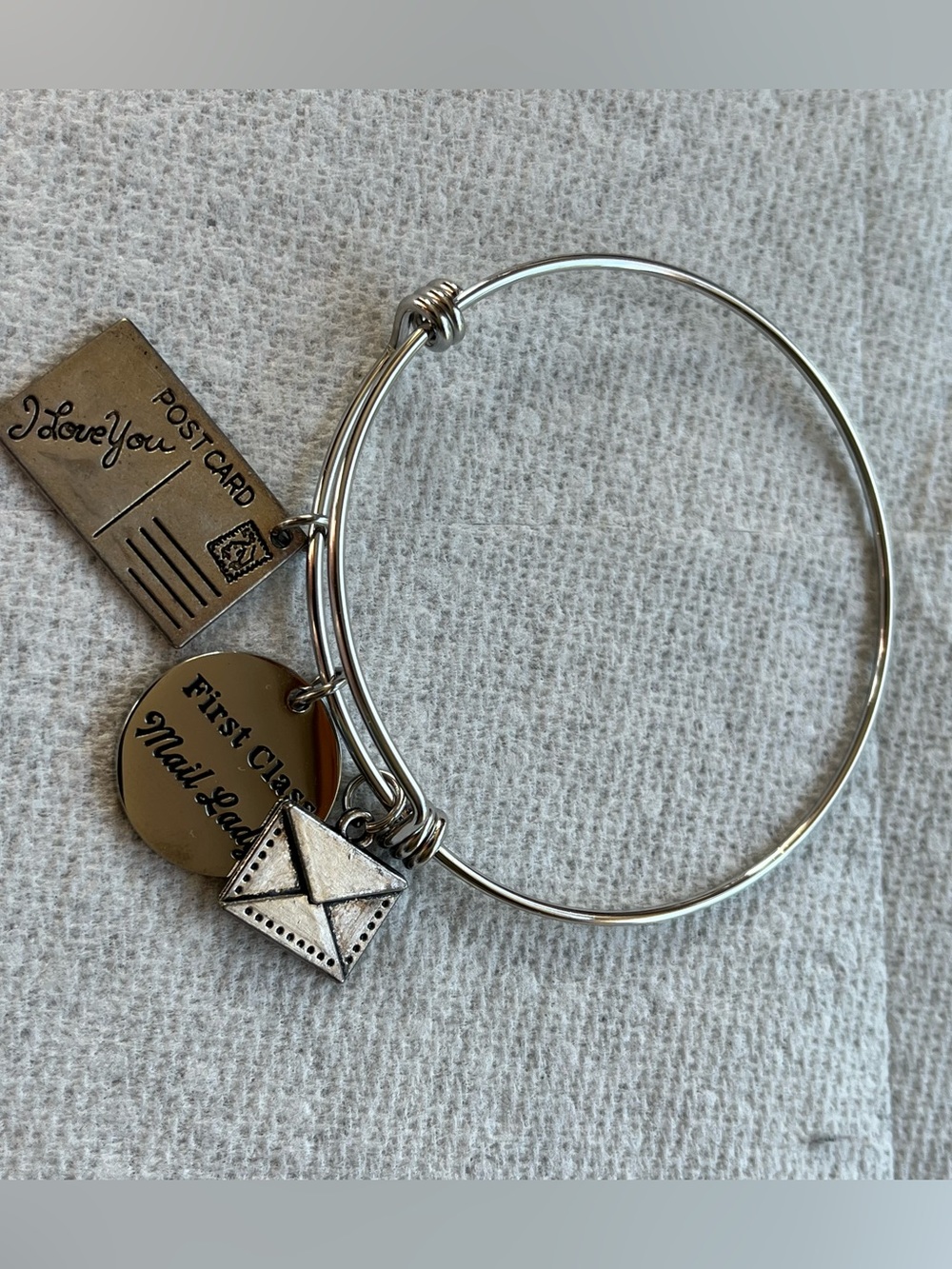 Silver-Tone Mailbox Charm Bangle Bracelet - Love You Postcard Design